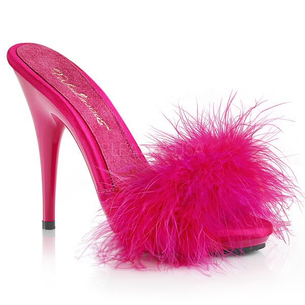 High-Heel Pantolette hot pink mit Marabufedern und kleinem Plateau POISE-501F